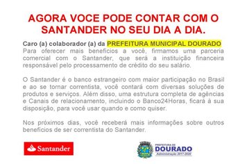 COMUNICADO: Funcionários da Prefeitura de Dourado passarão a receber pelo Banco Santander